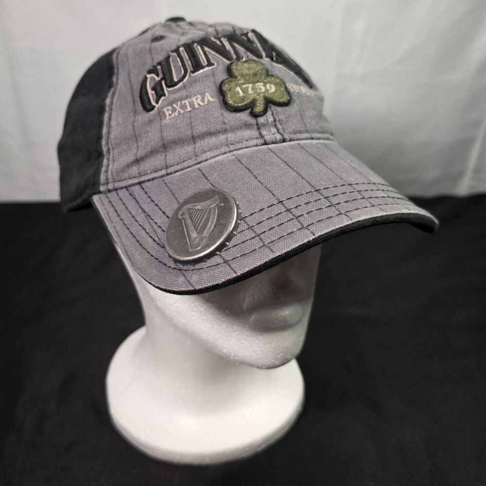 Guinness Stout Beer Hat Cap Bottle Opener Gray Black Strapback Adjustable
